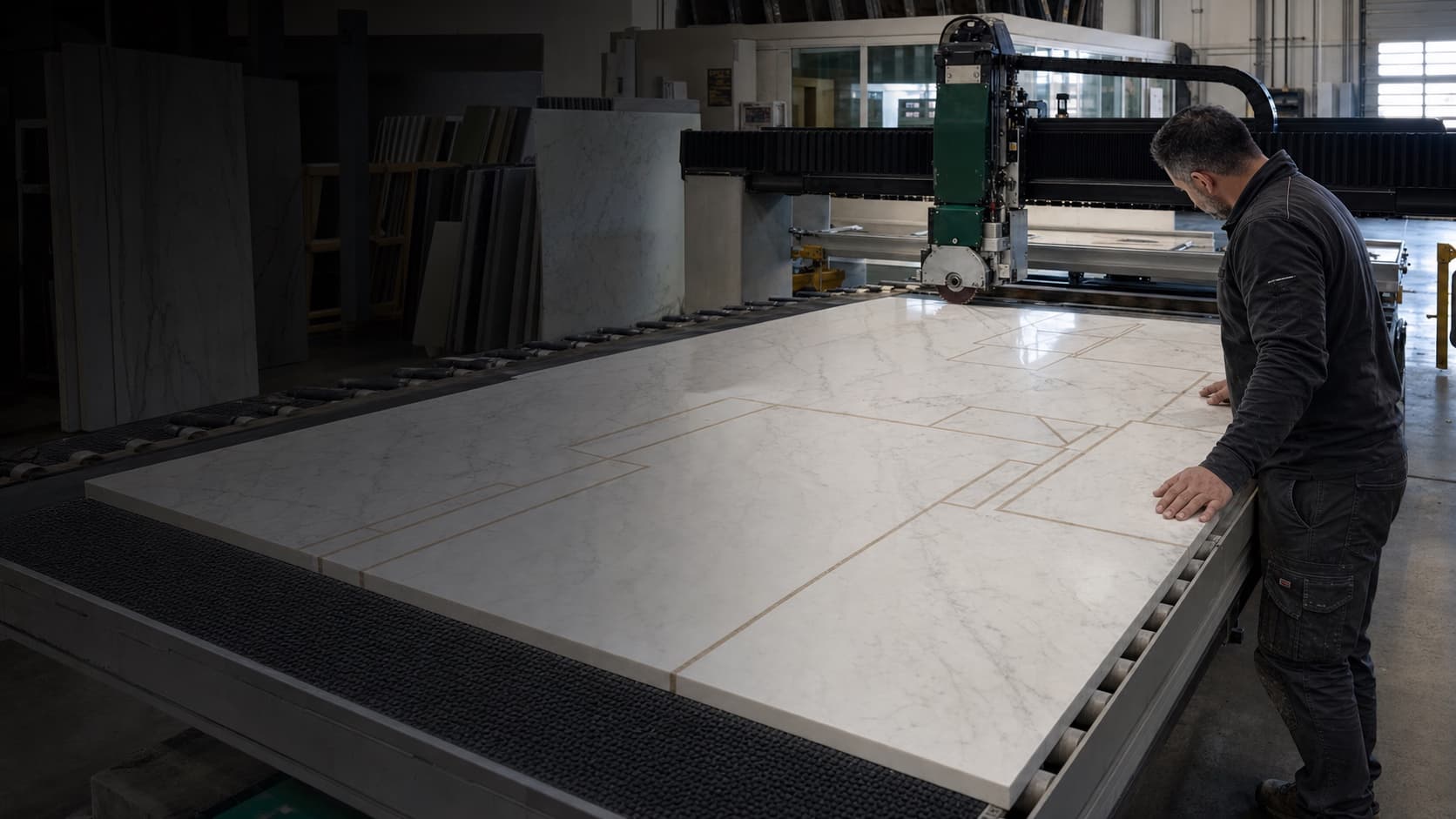 Fabricator checking a marble slab cutting layout on a CNC table
